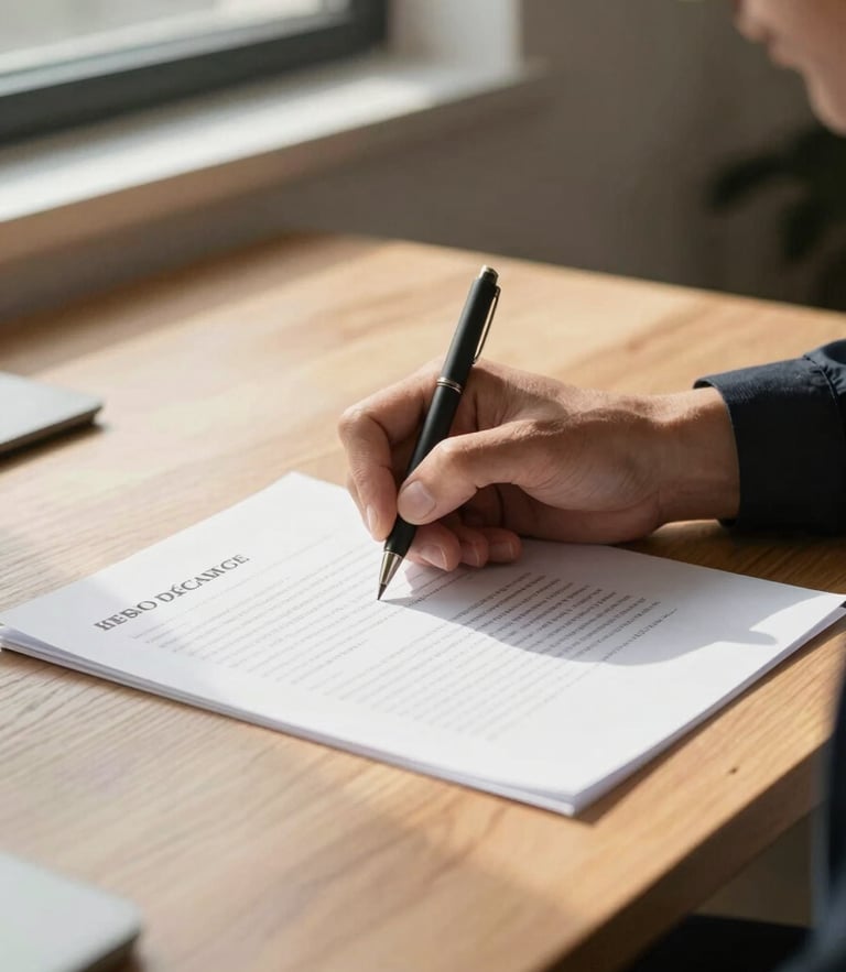Medium-close shot of a professional hand signing a clean physical document on a light oak desk, bathed in soft, diffused morning sunlight from a nearby window.