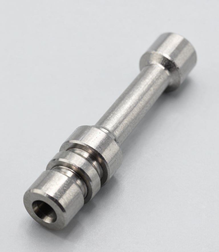 Crisp studio shot of a high-performance steel ball joint and steering tie rod, clean light gray background, bright even lighting highlighting technical details