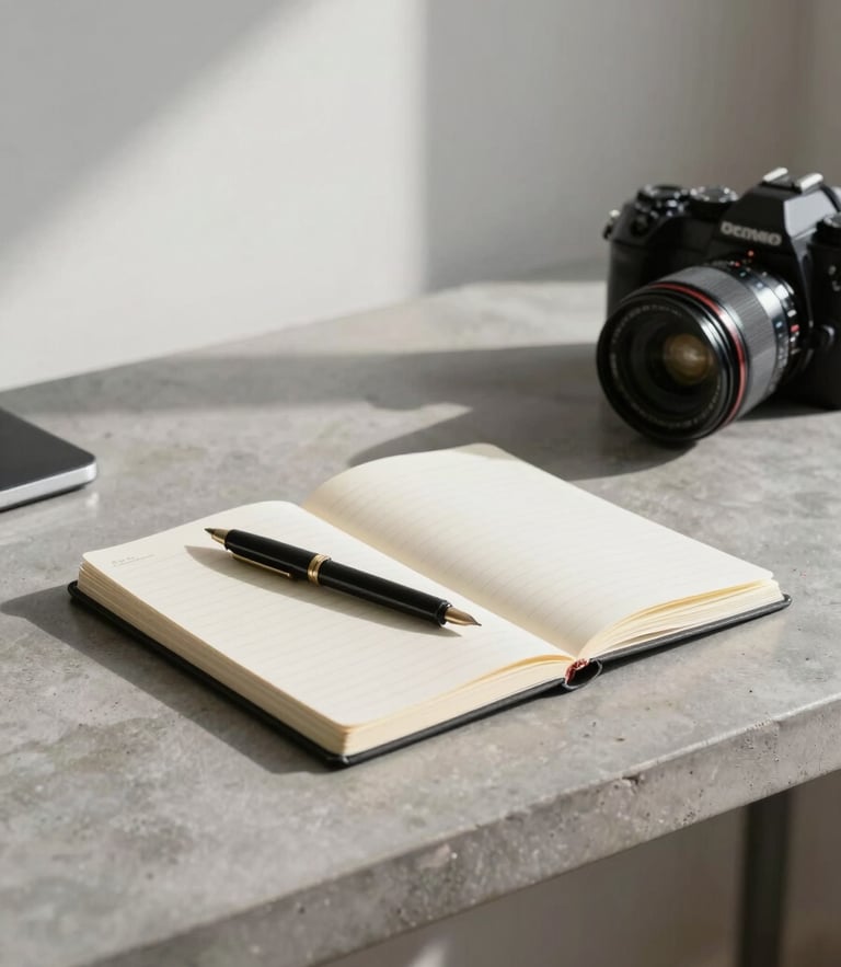 Minimalist concrete desk with an analog notebook, fountain pen, and a professional camera. Soft morning light casting long shadows across the architectural workspace.