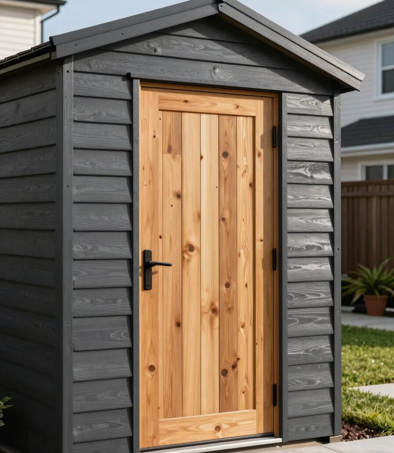 Crisp architectural photography of a modern charcoal wooden shed with a warm cedar door, framed in a clean residential backyard, bright morning sunlight, 35mm lens.