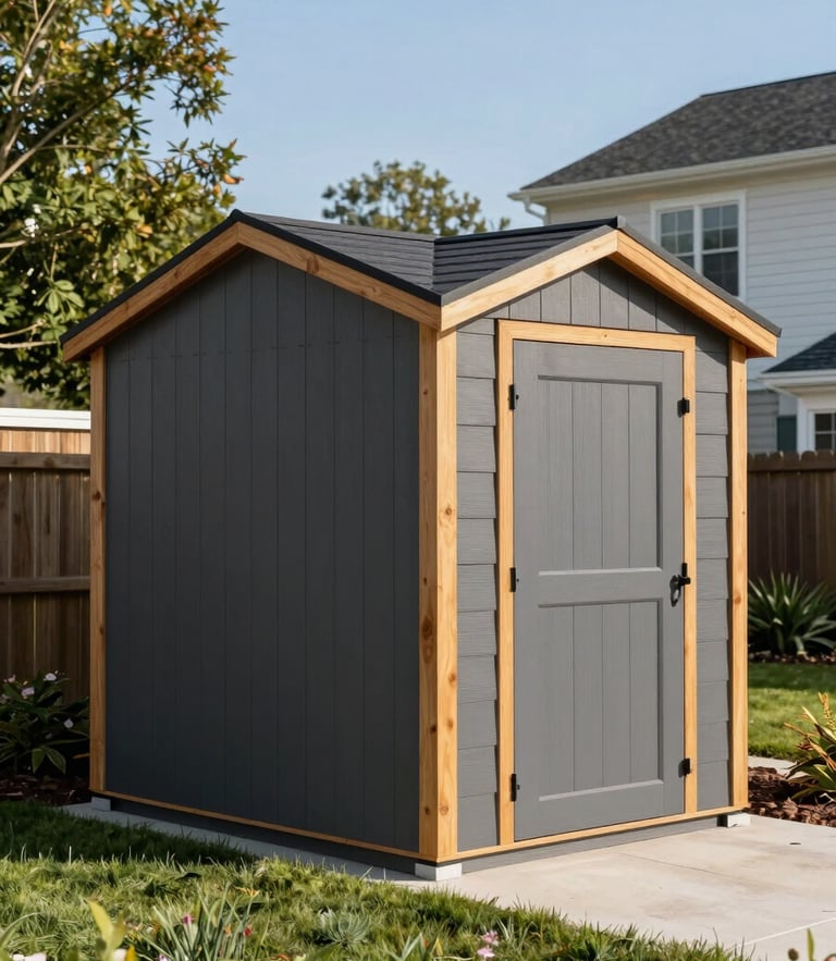 Crisp architectural photography of a modern charcoal gray shed with warm cedar trim in a manicured Delaware backyard, bright morning sunlight, 35mm lens