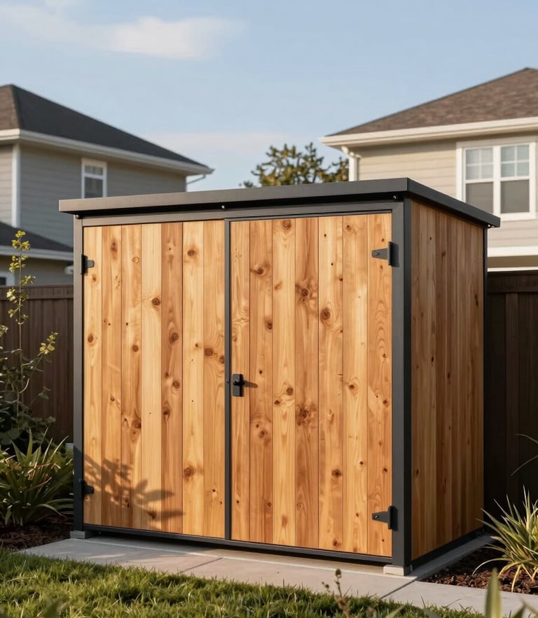 A sleek modern storage shed with warm cedar siding and deep charcoal trim, nestled perfectly in a manicured suburban backyard, crisp morning sunlight, architectural photography, 35mm lens.