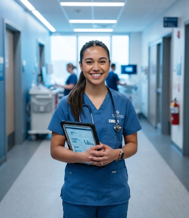 Medium shot of a smiling healthcare student in blue scrubs holding a digital tablet in a bright clinical hallway, cool blue undertones, sharp focus, 35mm