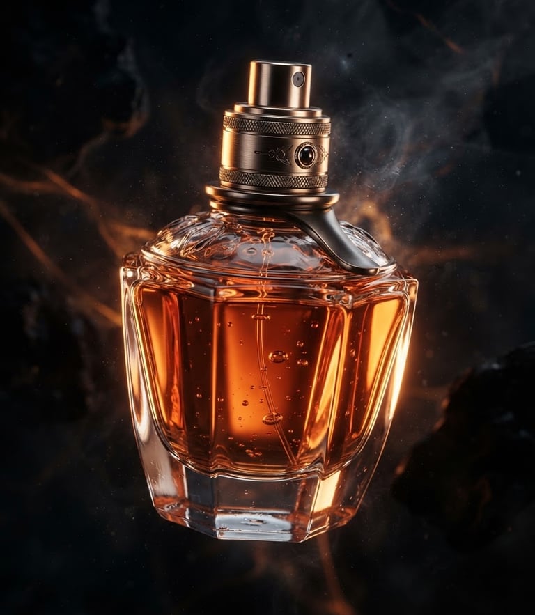 Extreme close-up of a luxury perfume bottle suspended in an abstract dark environment, dramatic studio rim-lighting, orange volumetric glow, sharp textures, 8k