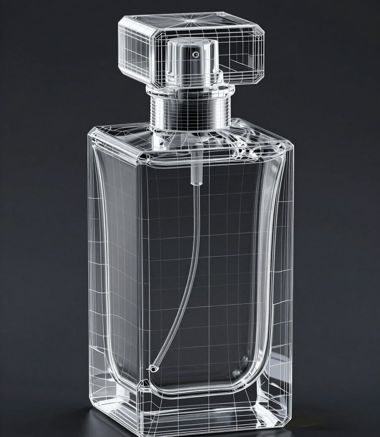 3D CAD wireframe model of a geometric perfume bottle, vector lines on dark gray background, technical blueprint style