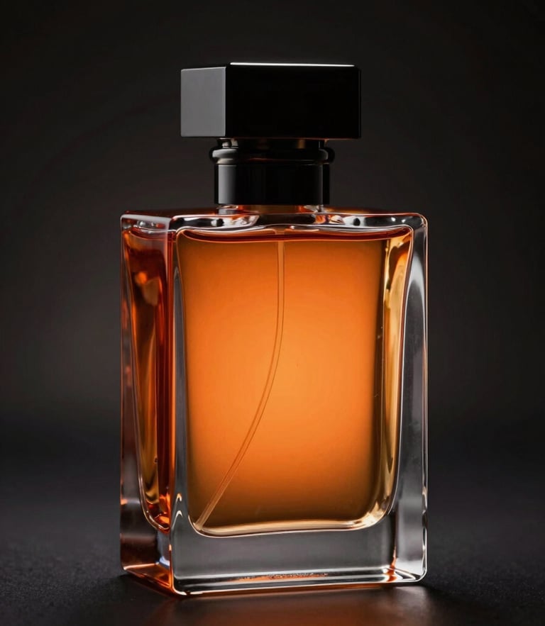 Final hyper-realistic render of the geometric perfume bottle, dark glass with orange liquid inside, dramatic studio rim-lighting, 8k