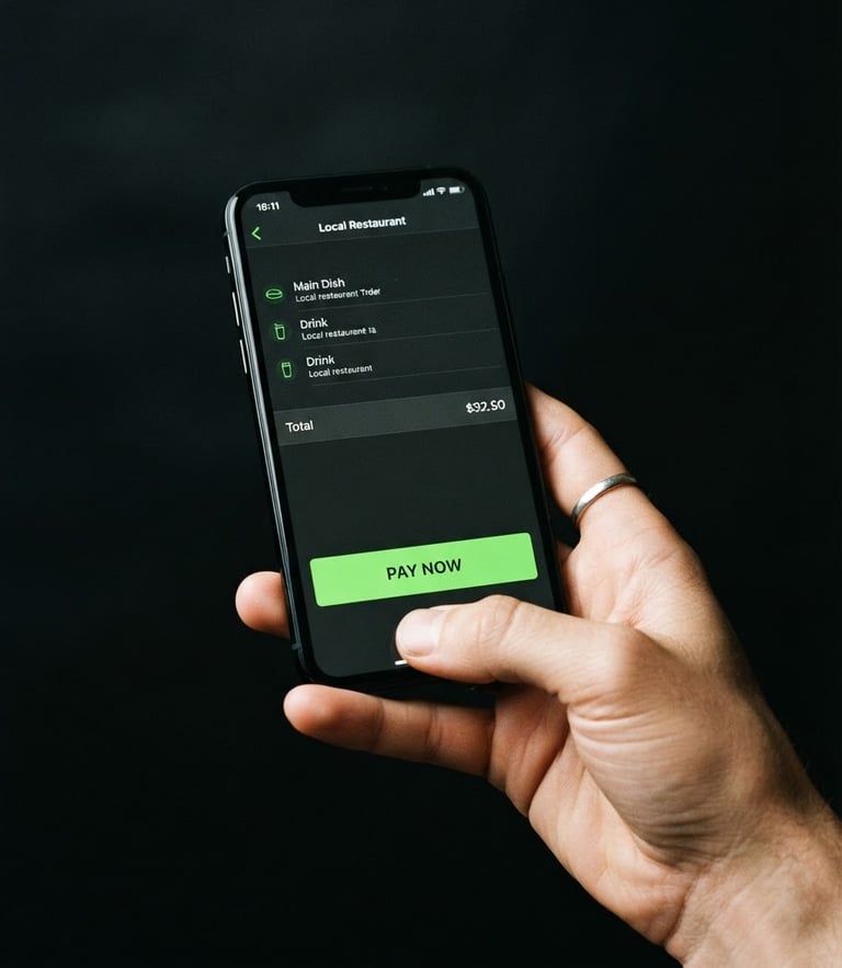 Crisp studio shot of a hand holding an iPhone showing a local restaurant checkout screen with clear green pay buttons, dark obsidian background, 35mm photography