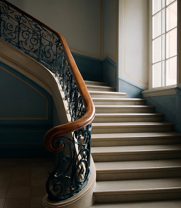Elegant historic staircase in Salzburg, polished wooden handrail, gleaming stone steps, bright natural daylight streaming through a tall window, 35mm photography