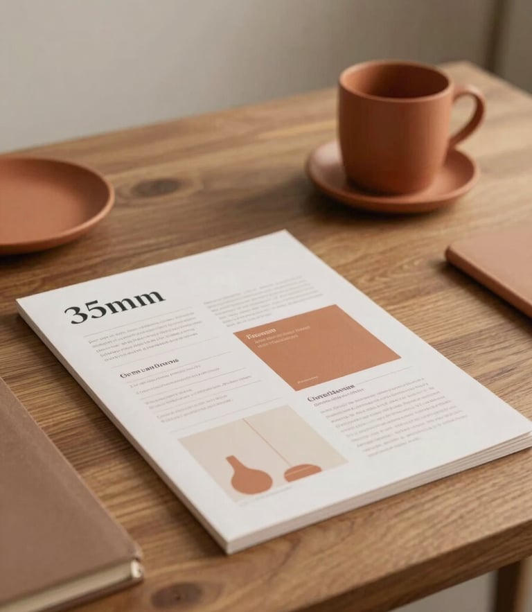Elegant minimalist workspace with warm side-light, structured brand guidelines on a wooden table, terracotta accents, editorial depth of field, 35mm