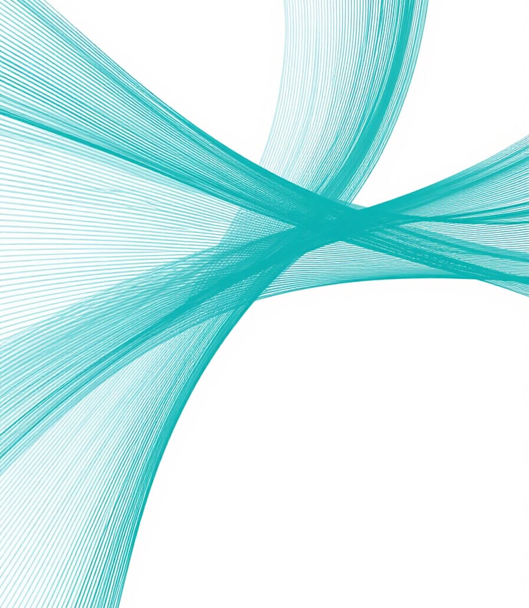 Abstract vector illustration of flowing, harmonious teal and light blue lines representing calm cognitive pathways, clean white background, generous negative space, minimal design.