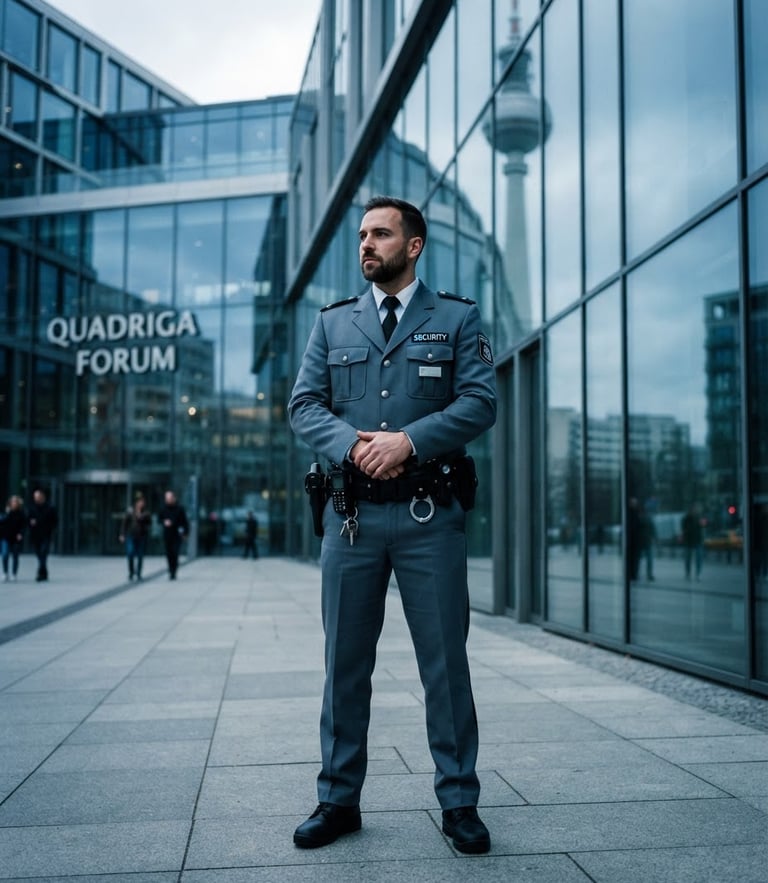 Dramatic corporate photography of a professional security officer in a clean slate-grey uniform standing alert outside a modern glass office building in Berlin-Mitte, overcast daylight, cool blue tones
