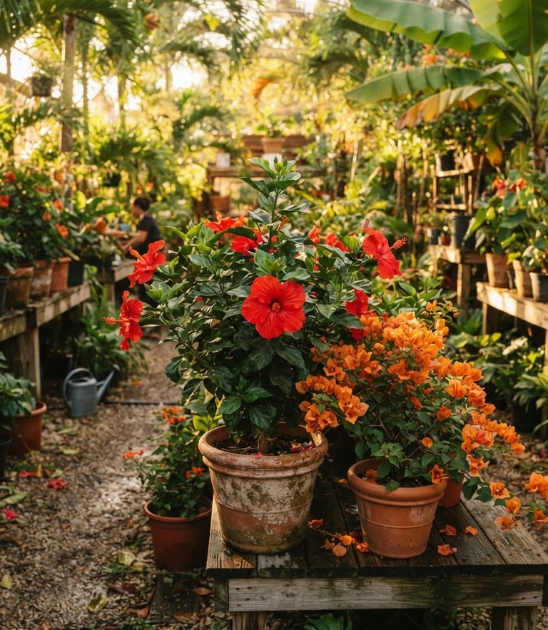 Warm environmental portrait of vibrant red hibiscus and orange bougainvillea growing in terracotta pots at a sun-dappled Caribbean nursery, golden-hour light.