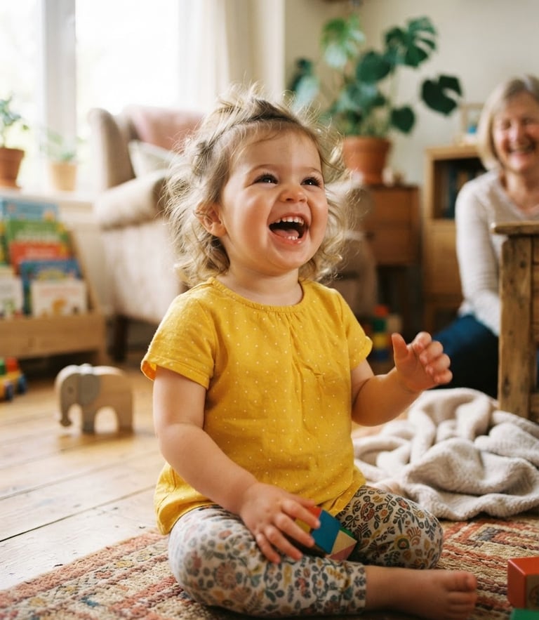 A joyful toddler in a bright yellow handmade shirt laughing, warm natural sunlight, soft shadows, cozy domestic setting.