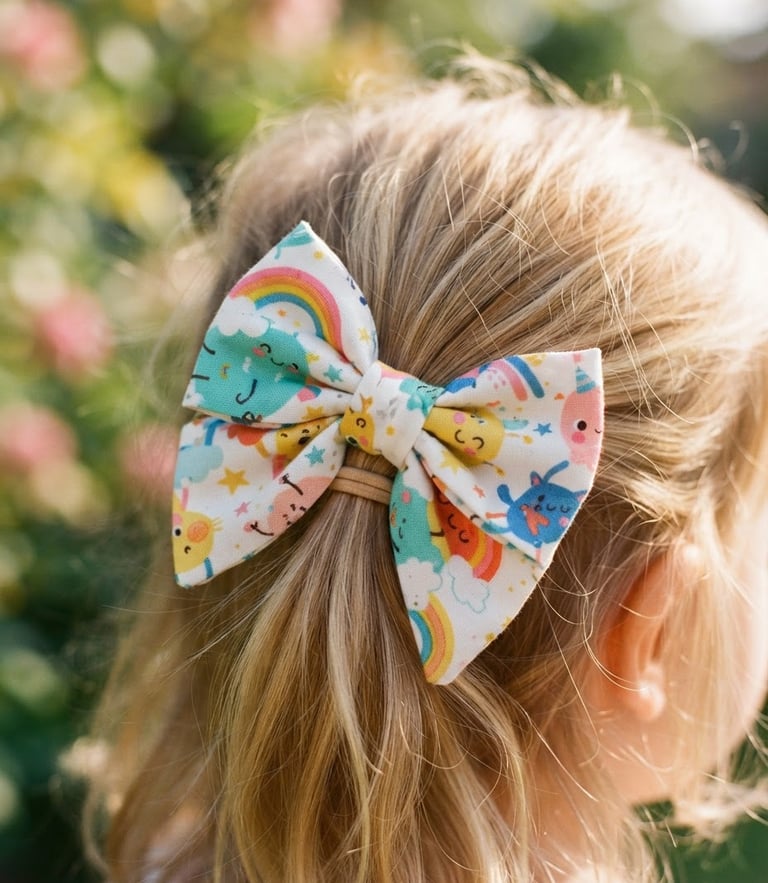 A close-up of a colorful handmade hair bow in a child's hair, warm natural sunlight, soft shadows, 35mm photography