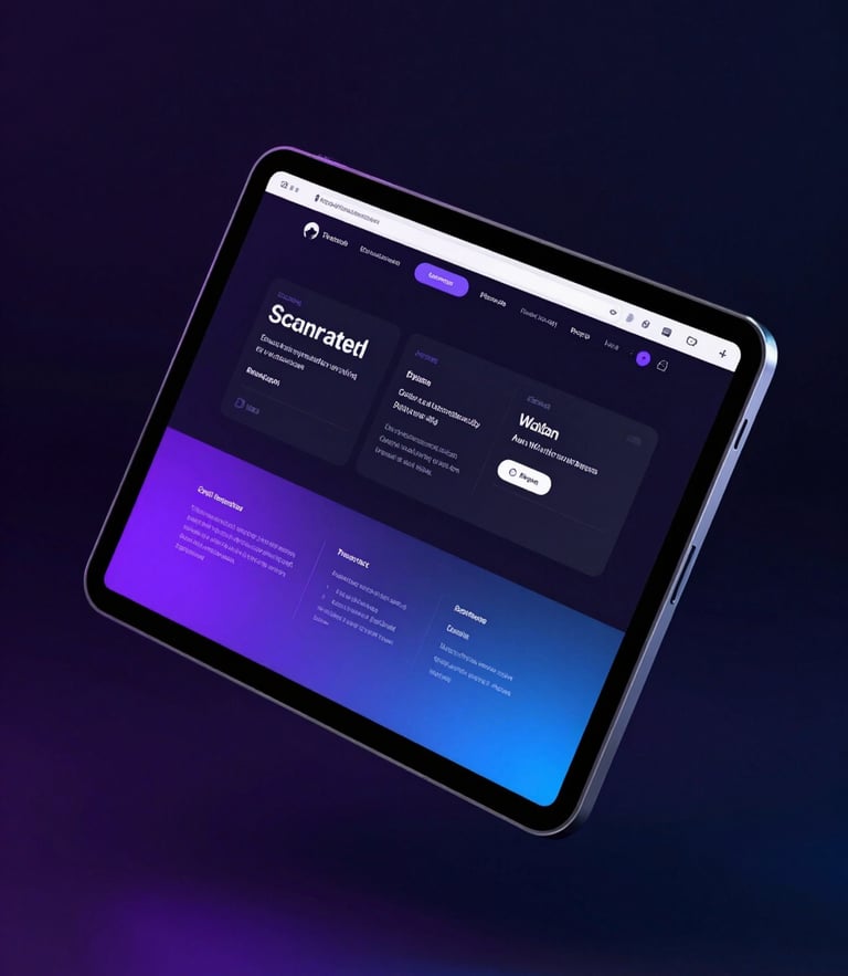 Sleek 3D render of a dark-mode website interface floating on a tablet mockup, neon purple and electric blue ambient lighting, high-tech minimalist style, crisp details