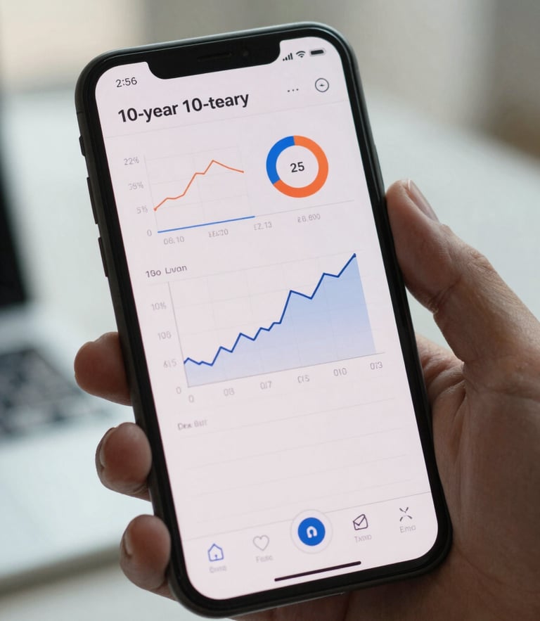 A close-up of a clean, intuitive mobile interface screen showing a 10-year predictive health chart with metabolic markers, held by a person in a bright, naturally lit room.