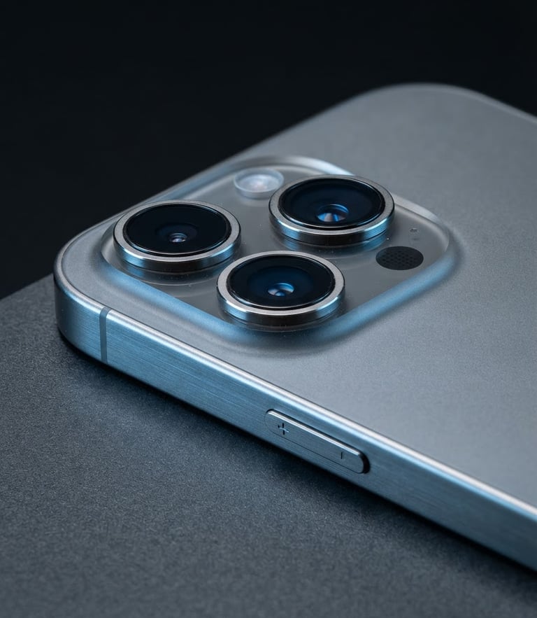 Sharp macro product shot of a pristine titanium iPhone reflecting cool blue and metallic studio light, clean dark background