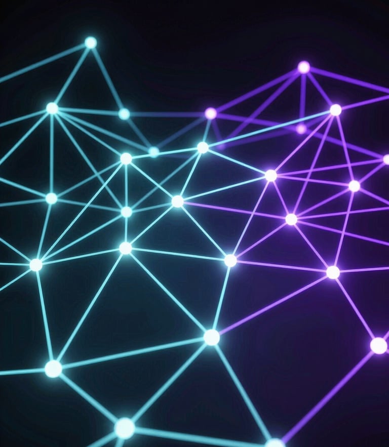 Abstract 3D representation of data flow and glowing node networks, high-contrast dark-room neon glow, sharp synthetic light paths, deep dramatic shadows, octane render.
