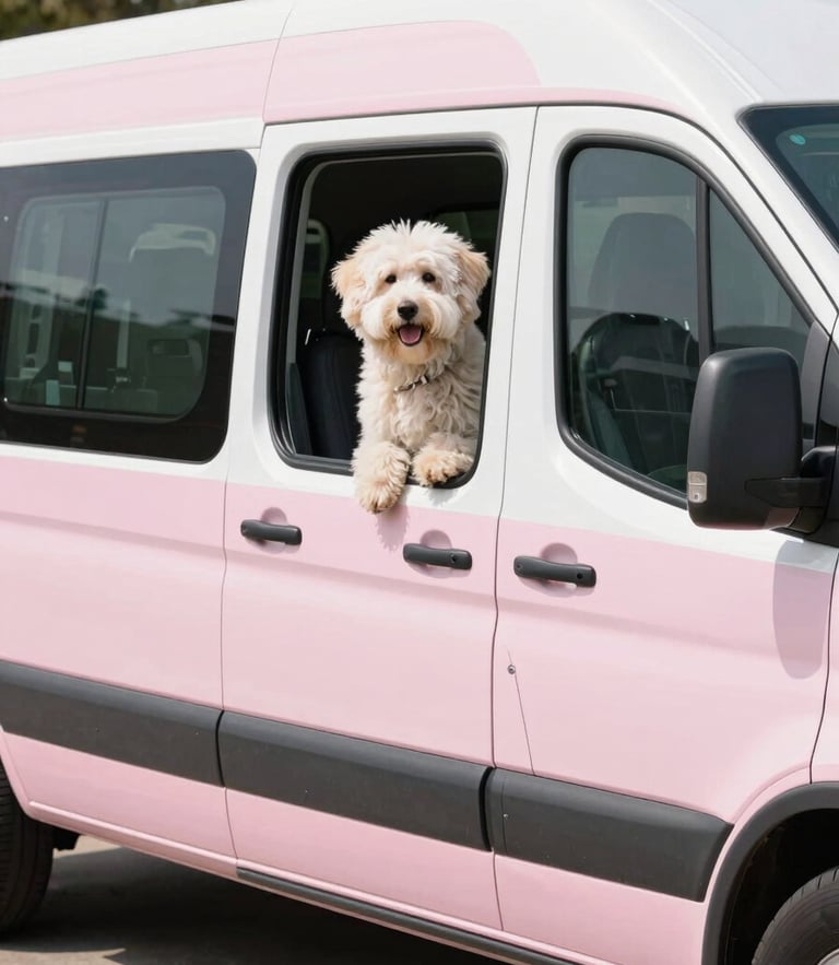 Pristine luxury mobile grooming van parked in a sunny driveway, a happy fluffy dog looking out the window, bright editorial pet photography, soft pink tones