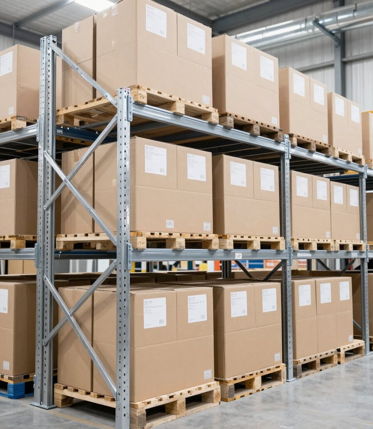 Bright high-key industrial warehouse interior, tall silver pallet racks, organized cardboard boxes with clean white labels, 35mm lens