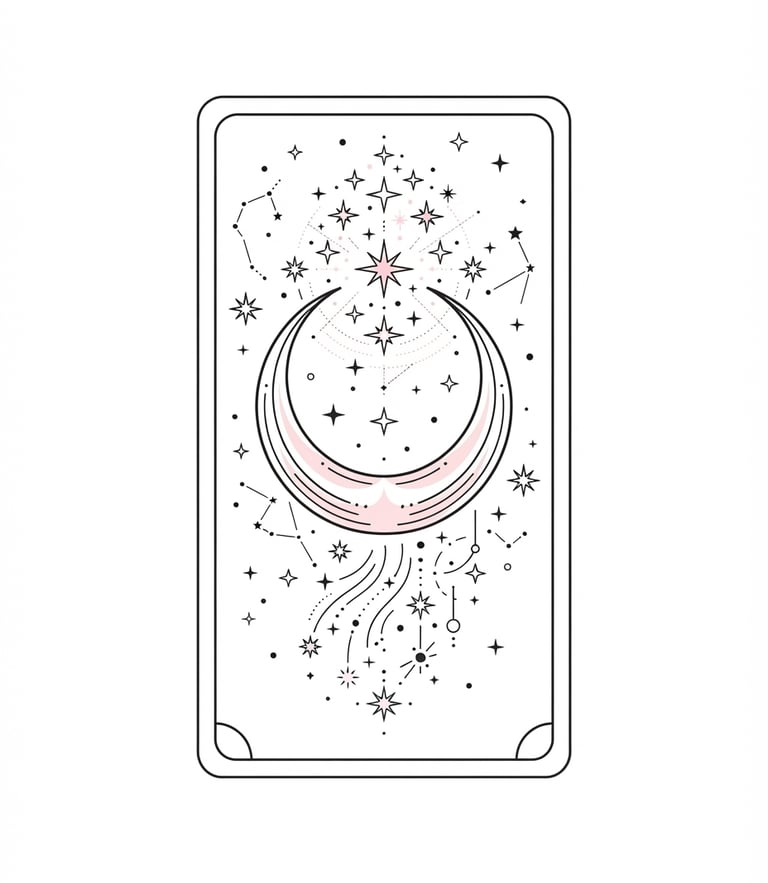 Flat vector illustration of a minimalist tarot card featuring a crescent moon and delicate stars, clean black line art, soft pink accents, pure white background