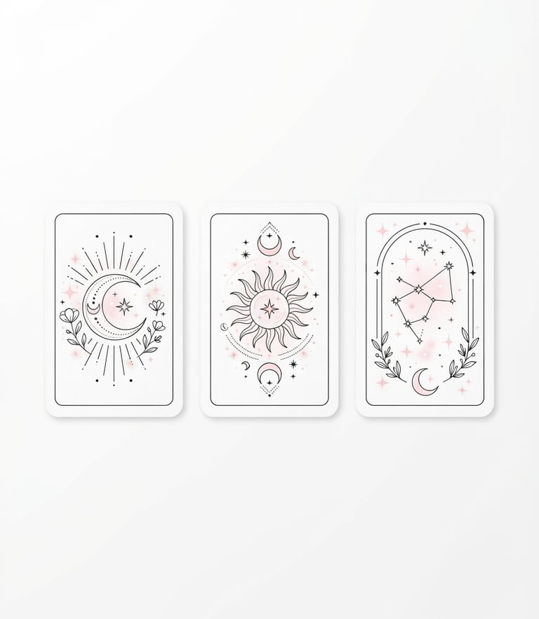 Flat vector illustration of three minimalist tarot cards with clean black line art, delicate crescent moons, and soft pink sparkles on a pure white background, modern feminine style.