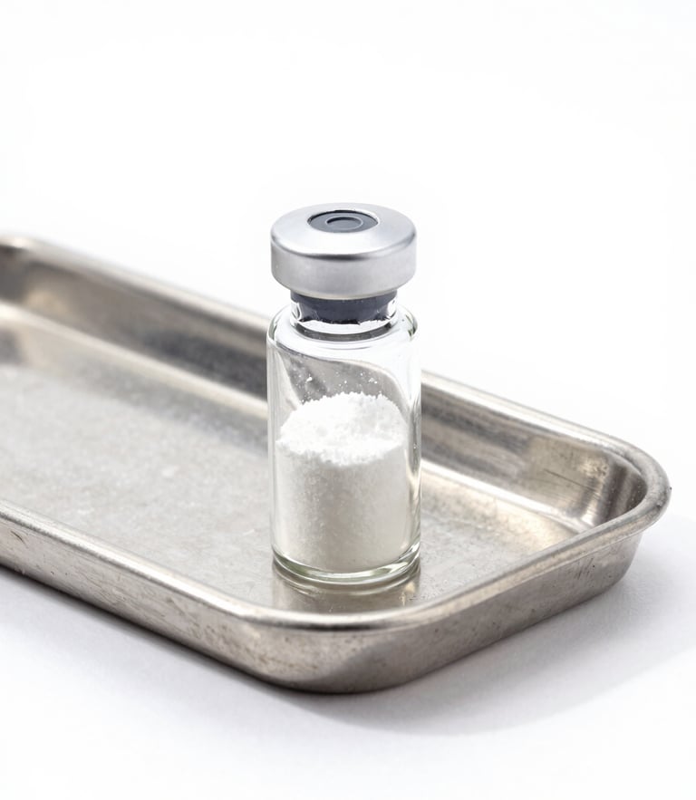 bright high-key product photography, clean white background, crisp studio light, clinical laboratory aesthetic, sharp focus, 50mm, clear glass capsule filled with white powder on a pristine laboratory metal tray