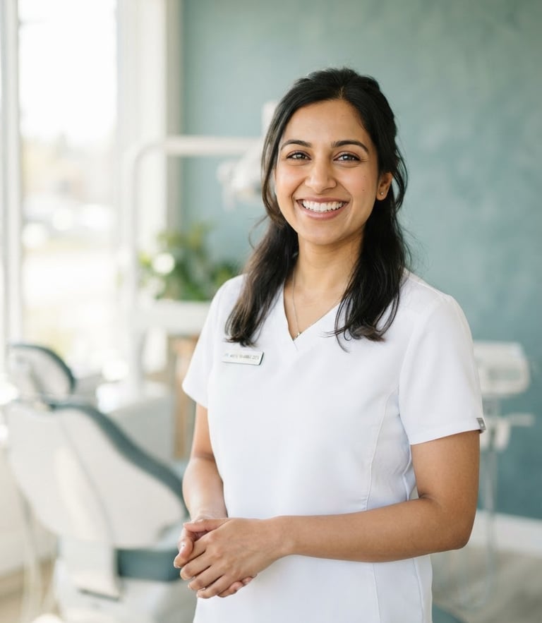 Bright editorial portrait of a friendly female dentist in a sunlit modern clinic, neutral teal background, soft natural lighting, 35mm