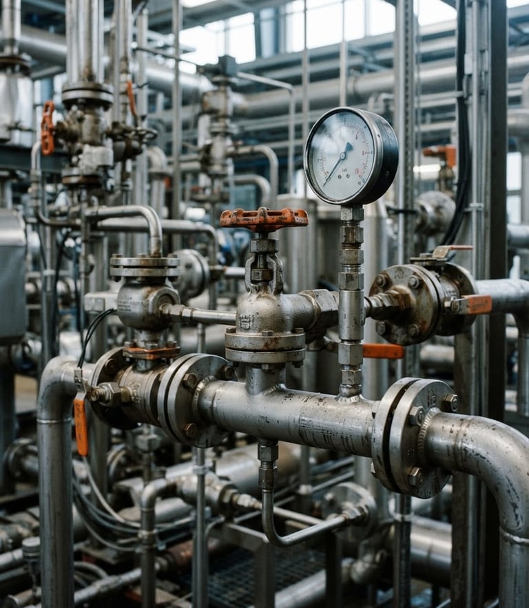 Close-up of industrial valves and pressure gauges in a chemical processing plant, cool daylight, sharp focus, technical engineering aesthetic, 35mm