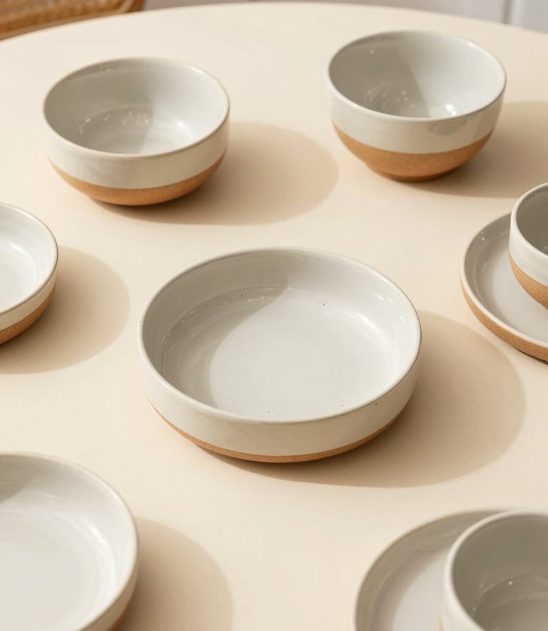 Overhead flat-lay of warm ceramic kitchenware on a soft cream table, bright natural daylight, inviting domestic atmosphere