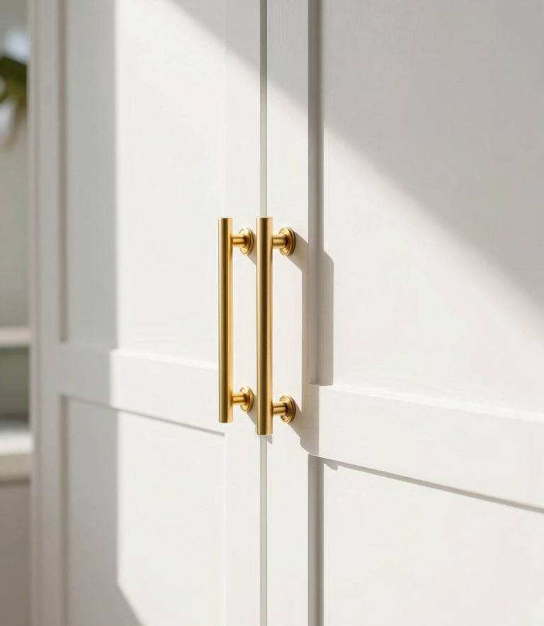 Straight-on close-up of a perfectly refinished modern cabinet door with clean gold hardware, bright natural Florida daylight streaming from the side, immaculate finish.