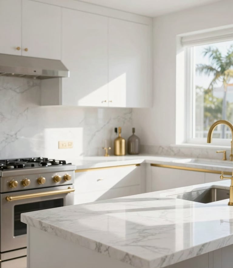 Bright editorial photography of a modern, clean Florida kitchen, natural daylight streaming onto pristine marble countertops, soft gold accents, 35mm lens.