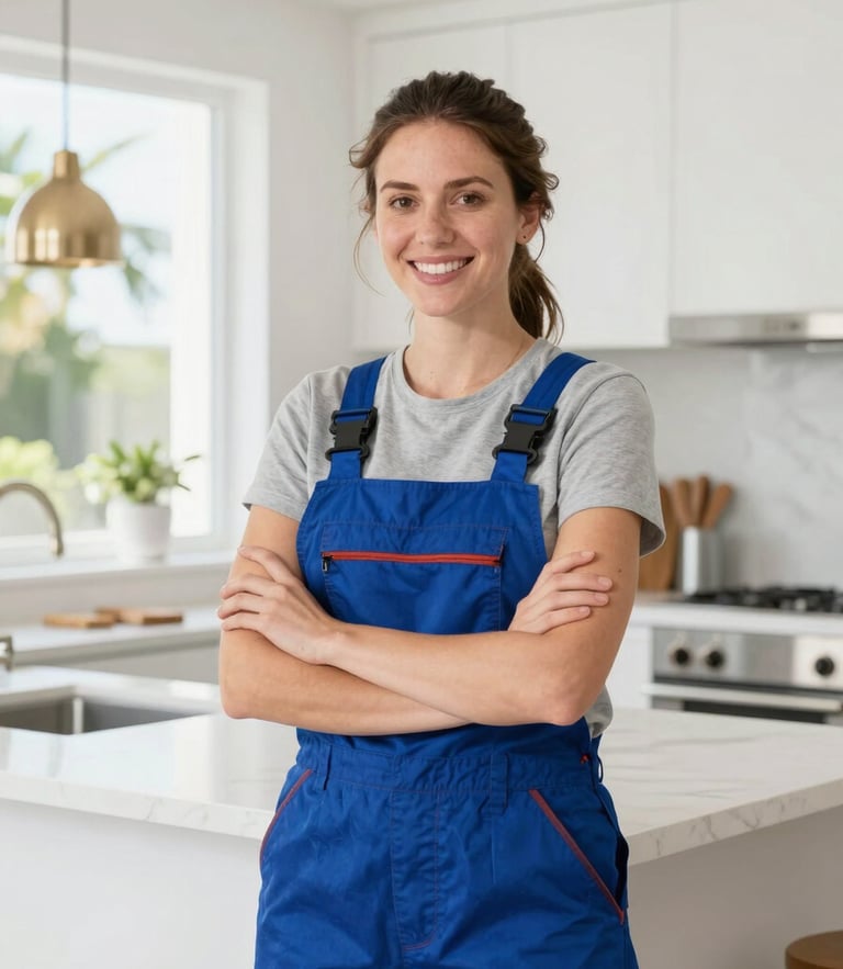 Bright editorial portrait of a professional female contractor smiling in a clean modern kitchen, natural Florida daylight, 35mm lens.