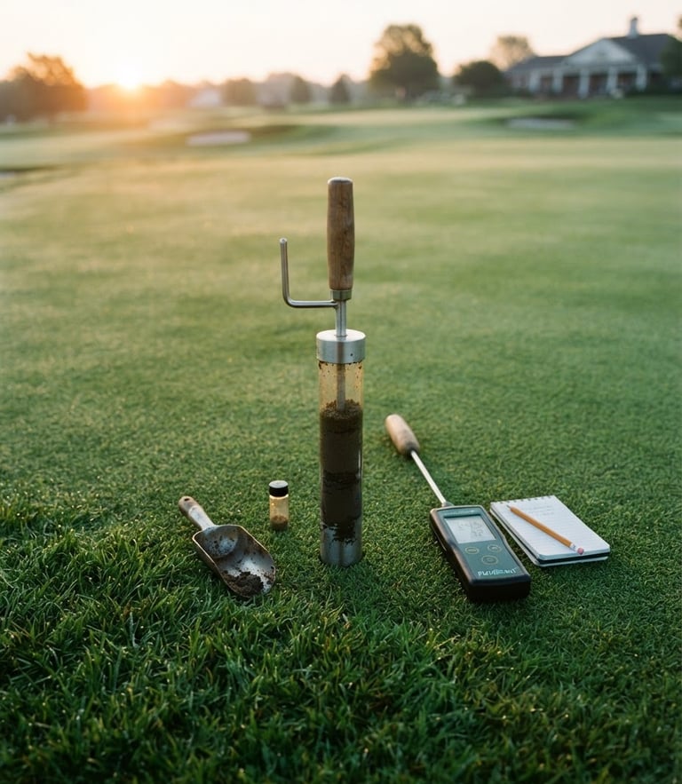 A close-up of soil testing equipment on a pristine golf green at dawn, early morning golden-hour light, crisp editorial photography, portrait crop