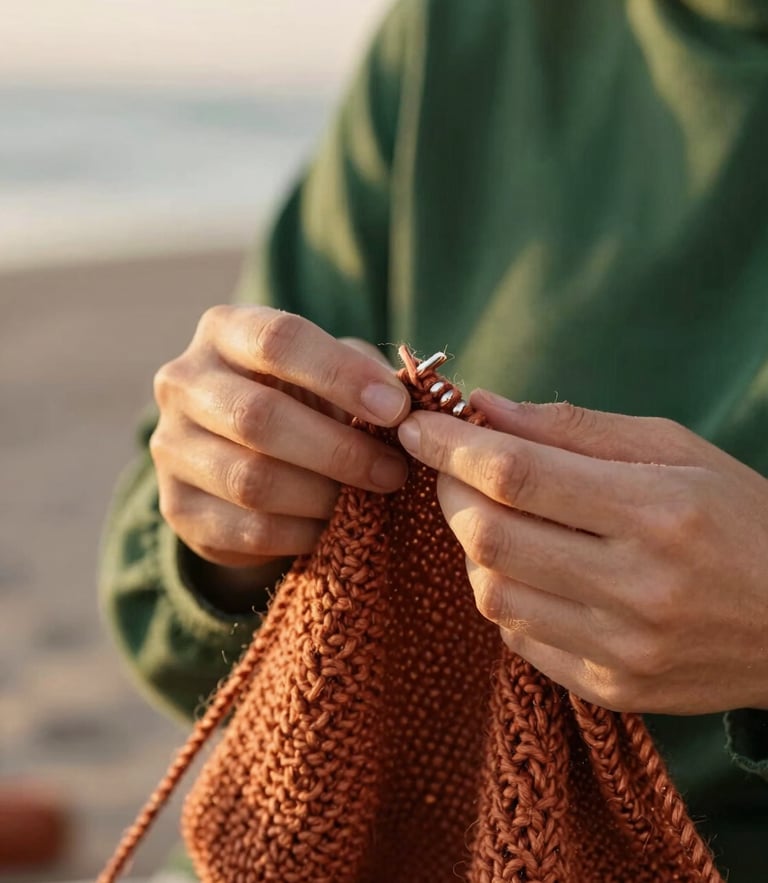 Close-up of hands knitting with textured terracotta wool, soft warm golden hour light, shallow depth of field, cozy domestic background