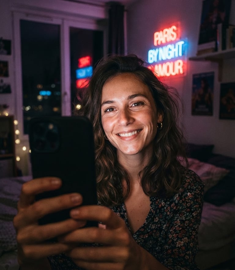 First-person perspective smartphone selfie of an attractive young French woman smiling in a dimly lit bedroom, holding her phone, neon light reflection, authentic Snapchat aesthetic.