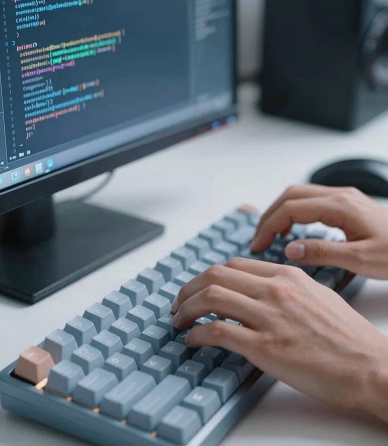 Close-up of a developer's hands typing on a mechanical keyboard, code visible on a vertical monitor, crisp cool daylight, slate blue tones, sharp focus, 35mm lens