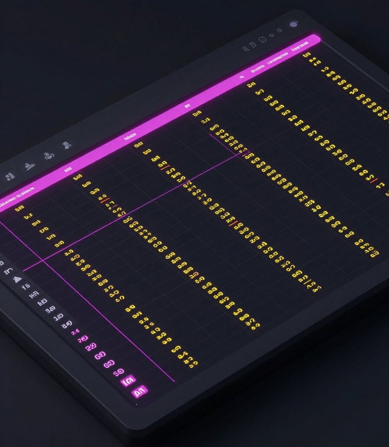 Isometric high-fidelity mockup of a dark-mode spreadsheet interface, glowing magenta grid lines, precise yellow data visualization nodes, clean typography, dark background