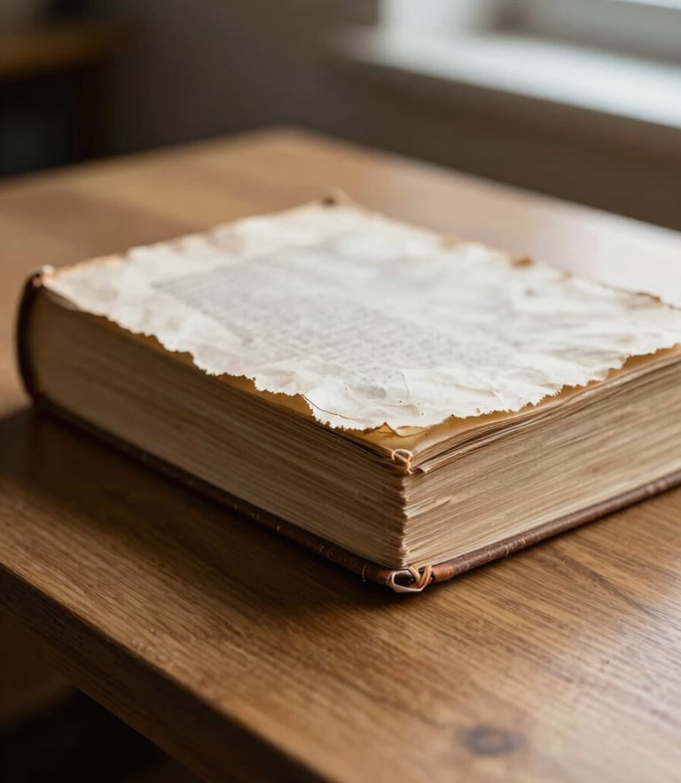 Macro shot of deckled paper edges and hand-sewn binding of a 16th-century volume resting on an oak examination table, soft north-facing window light, deep natural shadows