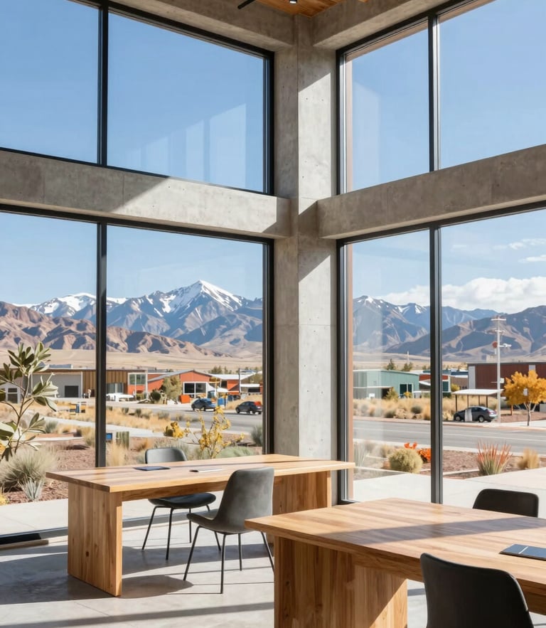 Bright natural daylight workspace in Utah, modern architectural concrete and oak wood, large windows showing mountains, 35mm editorial photography