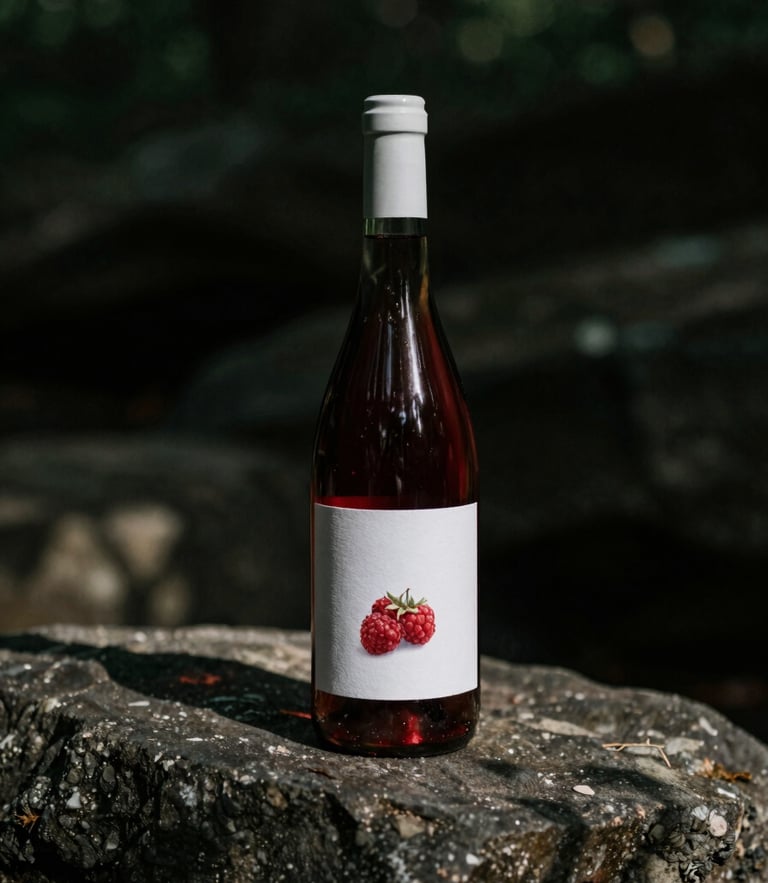 Elegant minimalist wine bottle of wild raspberry ferment sitting on a raw dark stone, moody low-key natural lighting, deep shadows, 35mm