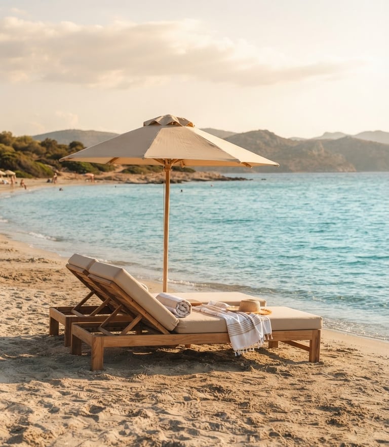 An elegant sunbed under a minimalist beige umbrella on Danisment Beach, crystal-clear turquoise sea of Saros Gulf in background, soft golden-hour sunlight, warm editorial photography