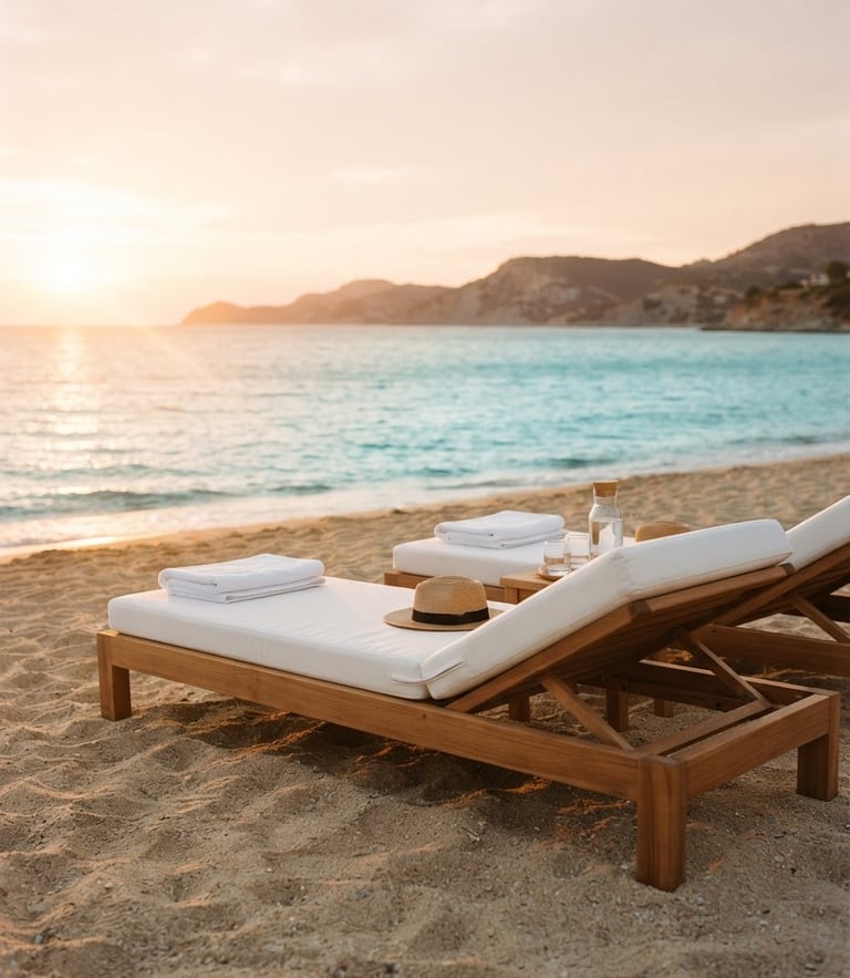 A beautiful portrait shot of premium wooden sunbeds with crisp white cushions on a sandy beach under golden hour sunlight, turquoise sea of Saros Gulf in the background, warm light flare, 35mm photography