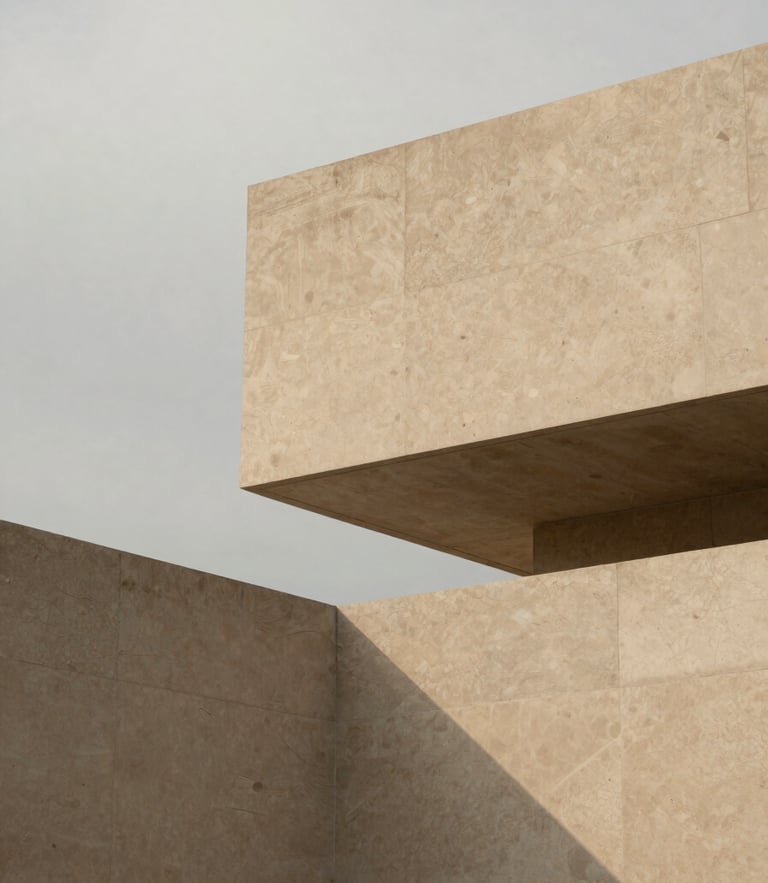 Minimalist architectural close-up, sharp geometric concrete lines against a soft overcast sky, subtle shadows on warm stone texture, premium editorial photography, 35mm