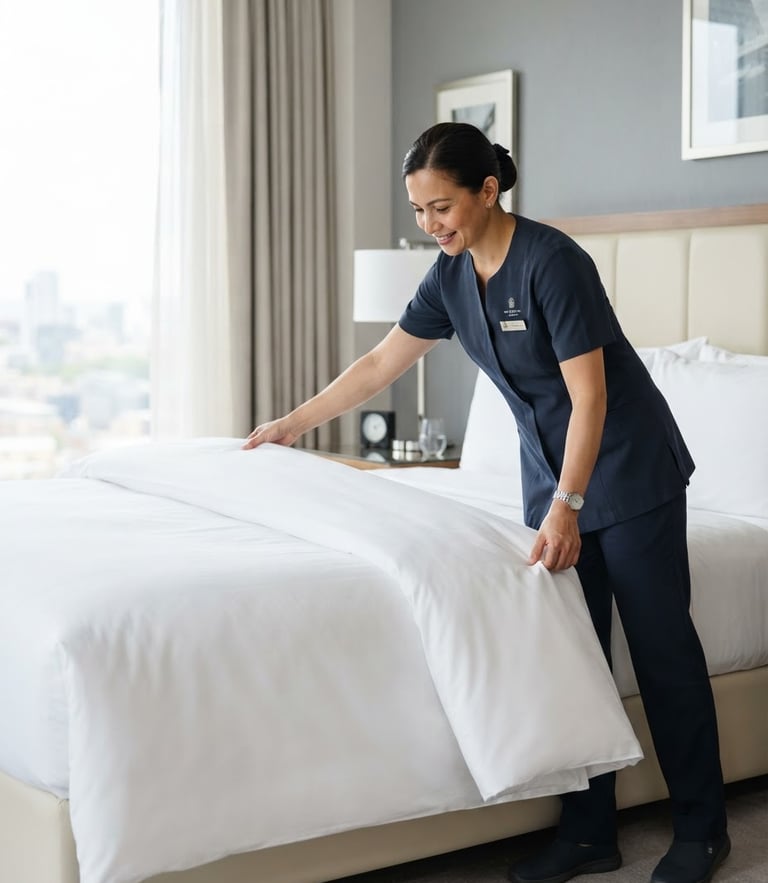 A professional female housekeeper in a neat navy uniform placing crisp white linens on a bed, bright high-key interior photography, soft natural daylight, sharp focus