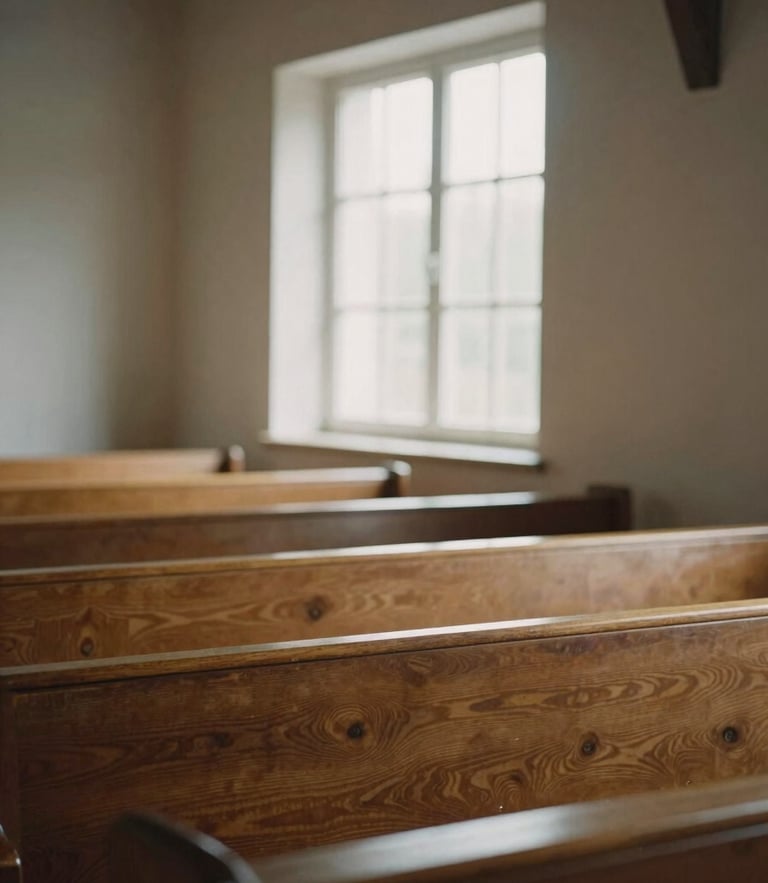 Warm contemplative photography of sunlit wooden pews in a simple chapel, soft morning window light, muted earth tones, 35mm film