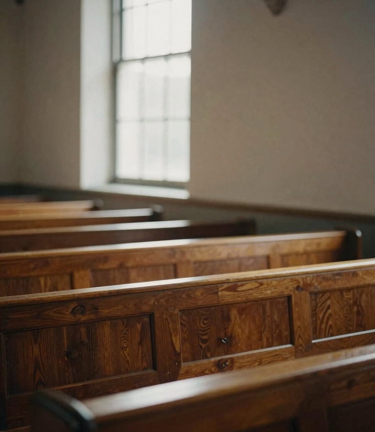Warm contemplative photography of sunlit wooden pews in a simple chapel, soft morning window light filtering through glass, shallow depth of field, 35mm film.