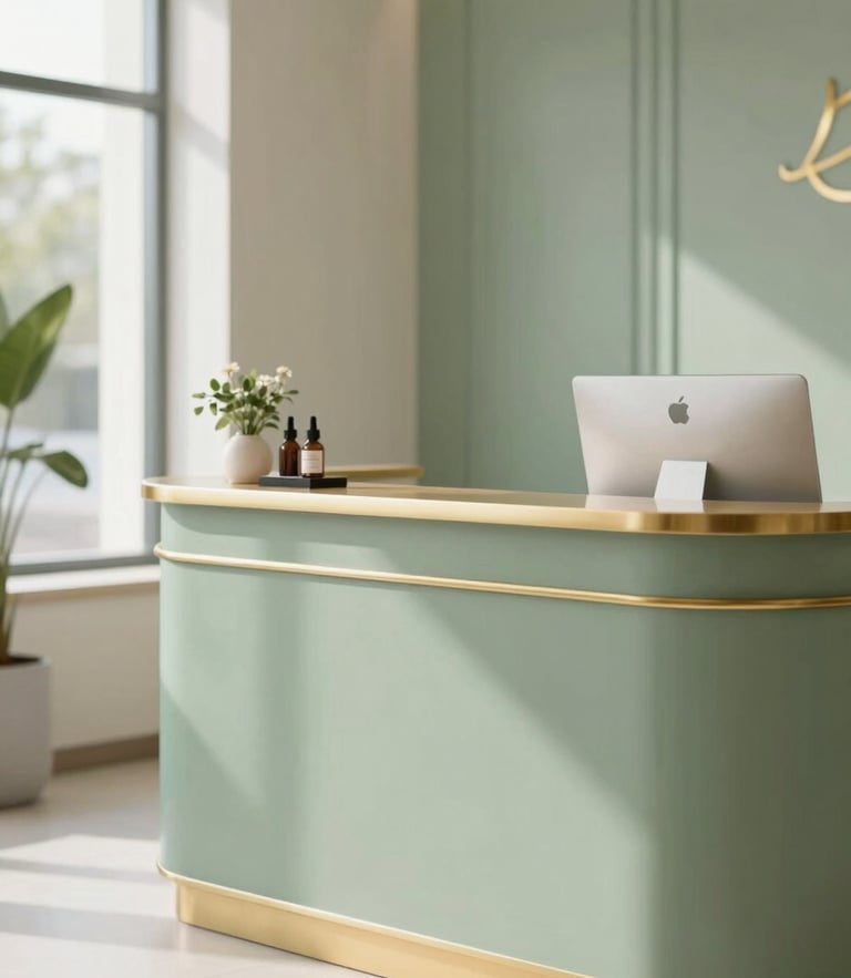 Elegant interior photography of a serene clinic reception, soft natural daylight, sage green and warm gold accents, shallow depth of field, 35mm