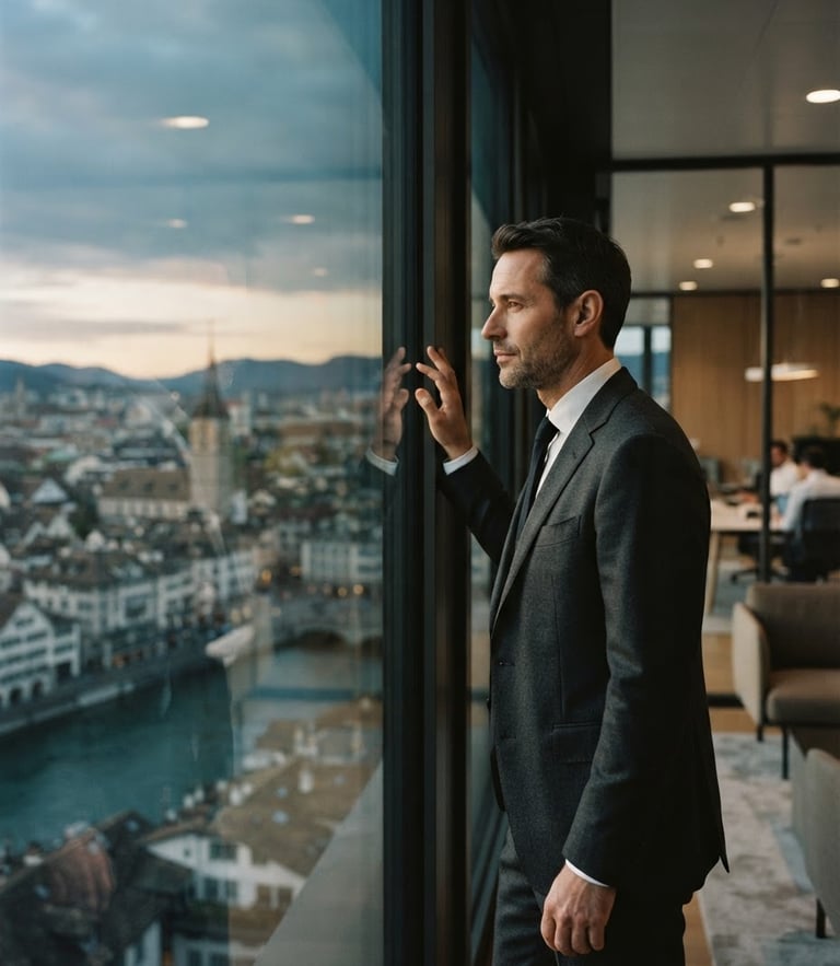 Thoughtful executive looking out of a modern architectural window in Zurich, sharp focus, natural window light, muted warm tones, 35mm