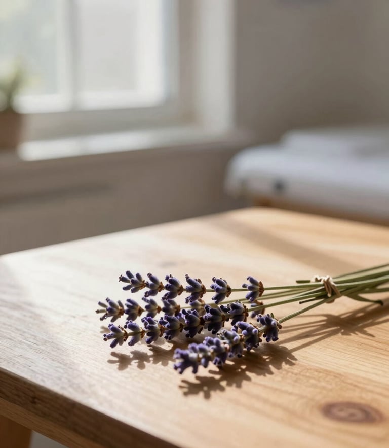 Soft editorial photography of a quiet sunlit therapy room, morning window shadows, lavender sprigs on a wooden table, shallow depth of field